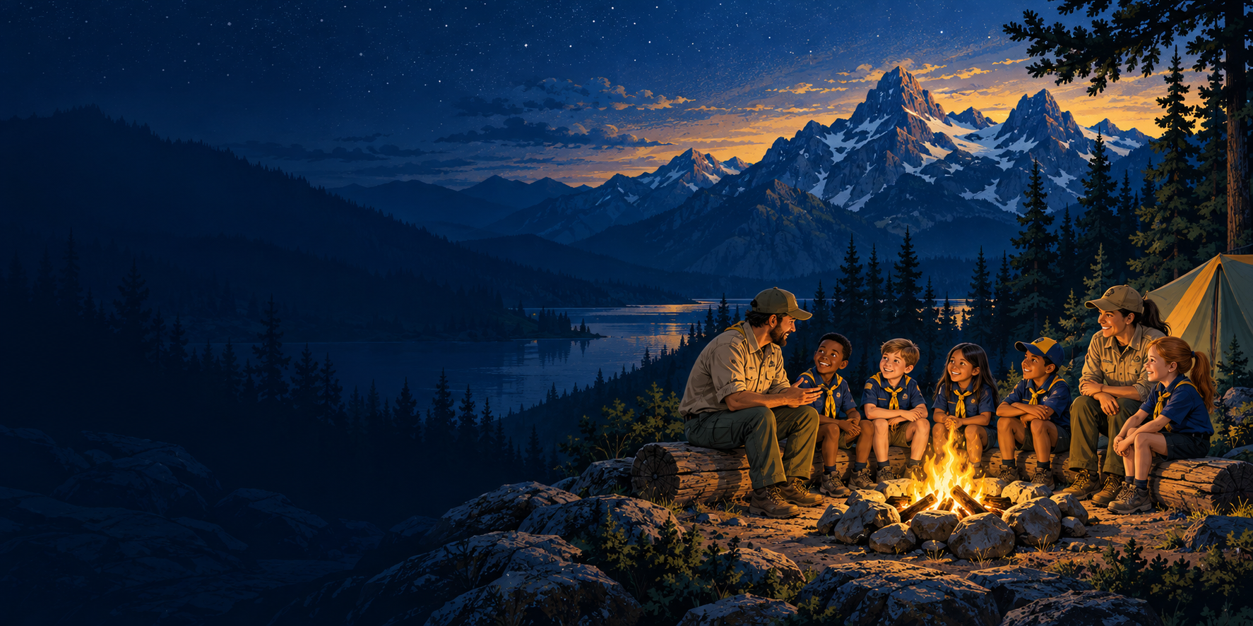 Illustration of Cub Scouts and leaders gathered around a campfire beneath blue mountains at dusk.